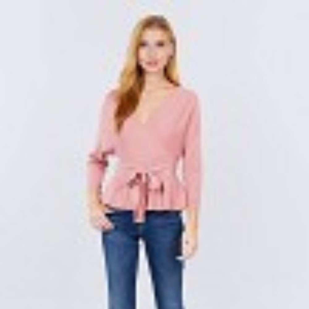 V-neck wrapped waist band sweater